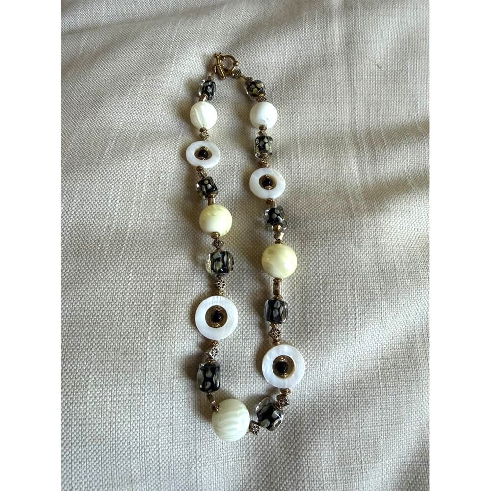 Vintage Mother of Pearl & Glass Beaded Necklace | Gold Tone Accents